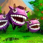 Trzy fioletowe, uśmiechnięte stworki z rogami na tle zielonych drzew i góry