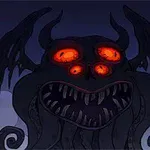 Na tle nocnego nieba widać przerażającą kreaturę z czerwonymi oczami i mackami unoszącą się nad ciemnymi budynkami