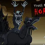 Postać z wyrazistymi zębami i wielkimi oczami na koniu oraz inna postać o długim nosie, na tle zamku i nocnego nieba