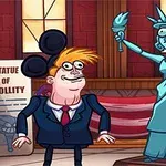 Postacie w humorystycznym stylu z flagą USA i parodią Statuy Wolności na tle, z uniesionym kciukiem i trollowymi uśmiechami