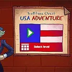 Postać w cylindrze i fraku wskazująca palcem, obok plansza z napisem Troll Face Quest USA Adventure i przyciskiem do rozpoczęcia gry