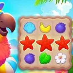 Papuga w czapce kapitana obok planszy z kolorowymi kształtami na tle tropikalnego krajobrazu