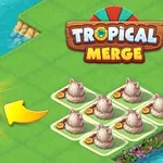 Lew w medalionie na trawie obok kilku kurczaków i logo „Tropical Merge”