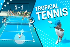 Grafika przedstawia stylizowaną scenę gry w tenisa z postaciami na korcie i napisem Tropical Tennis na niebieskim tle