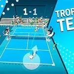 Grafika przedstawia stylizowaną scenę gry w tenisa z postaciami na korcie i napisem Tropical Tennis na niebieskim tle