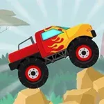 Czerwono-żółta ciężarówka terenowa z płomieniami na boku jedzie po kamienistym terenie z drzewem w tle