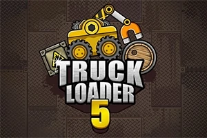 Żółty wózek widłowy z magnesem i skrzyniami na tle metalowej podłogi z napisem TRUCK LOADER 5