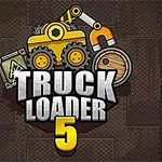 Żółty wózek widłowy z magnesem i skrzyniami na tle metalowej podłogi z napisem TRUCK LOADER 5