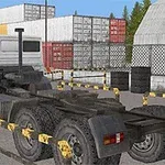 Biały ciągnik siodłowy na placu otoczonym barierkami, w tle kontenery i zabudowania przemysłowe