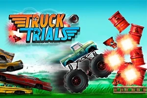 Monster truck przeskakujący nad wrakiem samochodu i uderzający w czerwone beczki z wybuchami, na tle logo Truck Trials