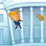 Animowana postać z pomarańczowymi włosami w niebieskim garniturze odbija się w pobliżu białego budynku z dużymi oknami