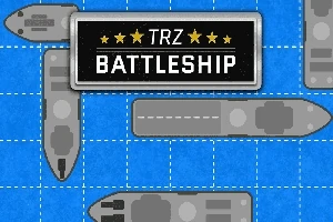 Szachownica o niebieskim tle z rozmieszczonymi szarymi okrętami oraz tabliczką z napisem TRZ Battleship