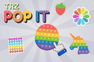 Kolorowe pop it w różnych kształtach, w tym okrągły, truskawka, tęczowy jednorożec i kwiat, z grafiką ręki wskazującej na środkowy kształt