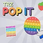 Kolorowe pop it w różnych kształtach, w tym okrągły, truskawka, tęczowy jednorożec i kwiat, z grafiką ręki wskazującej na środkowy kształt