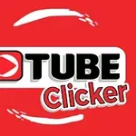 Czerwone tło z białym i czarnym napisem TUBE Clicker, z ikoną odtwarzania w kształcie trójkąta