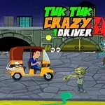 Mężczyzna jadący tuk-tukiem na tle miejskiej sceny, otoczony przez zombie i wściekłego psa