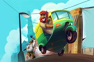 Mężczyzna z rudą brodą prowadzi trzykołowy pojazd, unosząc się na dwóch kołach, podczas gdy inny mężczyzna w tle macha pięścią