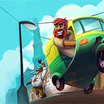 Mężczyzna z rudą brodą prowadzi trzykołowy pojazd, unosząc się na dwóch kołach, podczas gdy inny mężczyzna w tle macha pięścią