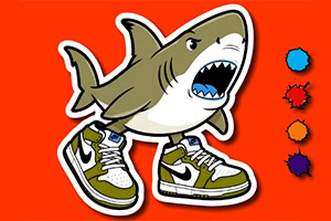 Rekin z kreskówki w zielonych butach sportowych na czerwonym tle z trzema kolorowymi plamami obok