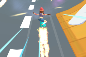 Postać na deskorolce z plecakiem odrzutowym jedzie po drodze w miejskim otoczeniu