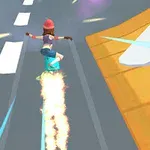 Postać na deskorolce z plecakiem odrzutowym jedzie po drodze w miejskim otoczeniu