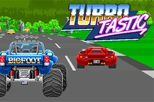 Niebieski monster truck i czerwony sportowy samochód jadące po szarej drodze, z kolorowym napisem Turbo Tastic na zielonym tle