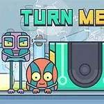 Trzy kolorowe postacie z dużymi oczami przed panelem z napisem TURN ME ON w tle z laboratorium