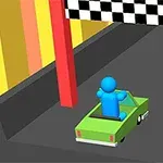 Niebieska postać w zielonym samochodzie przejeżdżająca przez bramkę z szachownicą na torze wyścigowym, otoczonym żółto-czerwonymi ścianami
