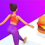 Postać w kolorowym stroju sportowym biegnie w kierunku dużego burgera na białej ścieżce z fioletowym tłem