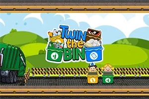 Ilustracja przedstawia dwie postaci siedzące w koszach na śmieci na tle zielonego krajobrazu z ciężarówką po lewej stronie i kolorowym napisem Twin the Bin