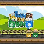 Ilustracja przedstawia dwie postaci siedzące w koszach na śmieci na tle zielonego krajobrazu z ciężarówką po lewej stronie i kolorowym napisem Twin the Bin