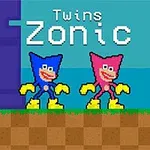 Dwie postacie w pikselowej grafice, jedna niebieska, druga różowa, stoją na trawiastym podłożu z napisem Twins Zonic w tle