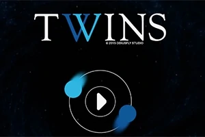 Niebieskie wirujące kule wokół ikony odtwarzania na czarnym tle z napisem TWINS u góry