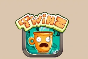 Logo z napisem Twinz w stylu kreskówkowym z rysunkiem pomarańczowego kubka z przestraszoną miną