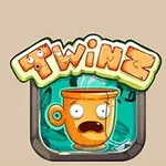 Logo z napisem Twinz w stylu kreskówkowym z rysunkiem pomarańczowego kubka z przestraszoną miną