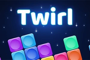 Niebieskie tło z gwiazdkami, kolorowe klocki u dołu i napis Twirl na górze