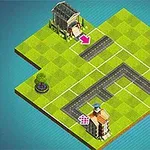 Plansza z zielonymi polami, kilkoma budynkami i krętymi drogami