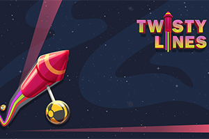 Ciemne, kosmiczne tło z kolorową, kreskówkową rakietą i napisem TWISTY LINES po prawej stronie