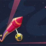 Ciemne, kosmiczne tło z kolorową, kreskówkową rakietą i napisem TWISTY LINES po prawej stronie