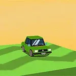 Zielony samochód na trójwymiarowej, falistej powierzchni z pomarańczowym tłem
