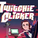 Postać kreskówkowa siedząca przy biurku z laptopem, mikrofonem i kamerą, z tytułem Twitchie Clicker w tle