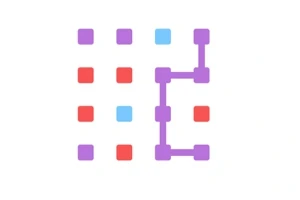 Kolorowe kwadraty w siatce z fioletowymi liniami łączącymi niektóre z nich