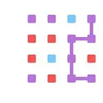 Kolorowe kwadraty w siatce z fioletowymi liniami łączącymi niektóre z nich