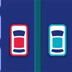 Dwa samochody w prostych kolorach, czerwony i niebieski, na niebieskiej drodze z linią podziału