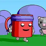 Czerwona filiżanka z twarzą biegnie po zielonym terenie, otoczona przez dwa szare koty na tle fioletowych krzewów