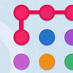 Sześć kolorowych kółek na niebiesko-białym tle, z trzema różowymi kołami połączonymi liniami