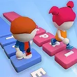 Dwie postacie z dużymi głowami skaczące po kolorowych blokach z literami na niebieskim tle