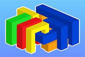 Kolorowe, przeplatające się bloki w kształcie liter L na niebieskim tle