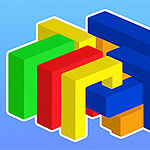 Kolorowe, przeplatające się bloki w kształcie liter L na niebieskim tle