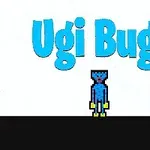 Niebieska postać na czarnym tle z dużym, niebieskim napisem Ugi Bugi powyżej